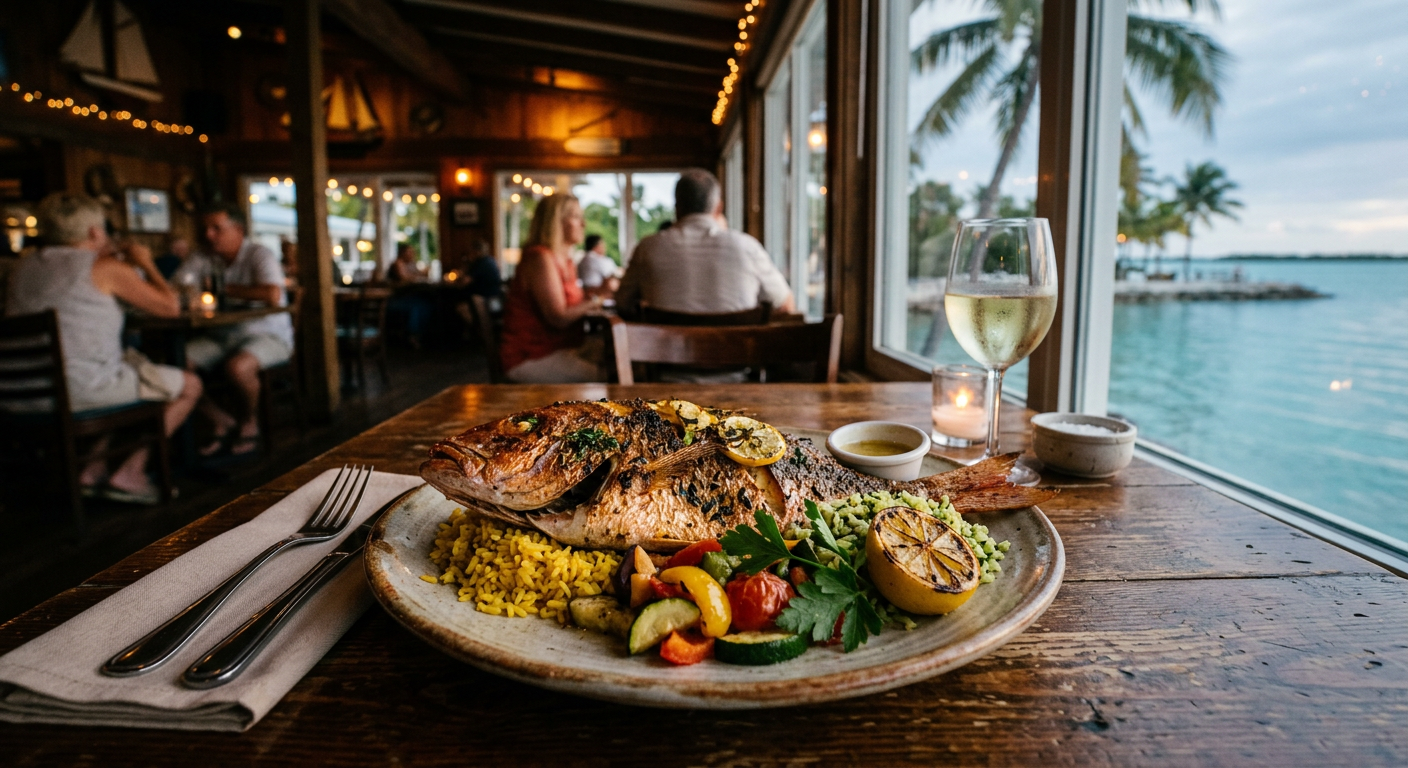A plate of locally caught yellowtail snapper served in a quiet, dimly lit dining room
