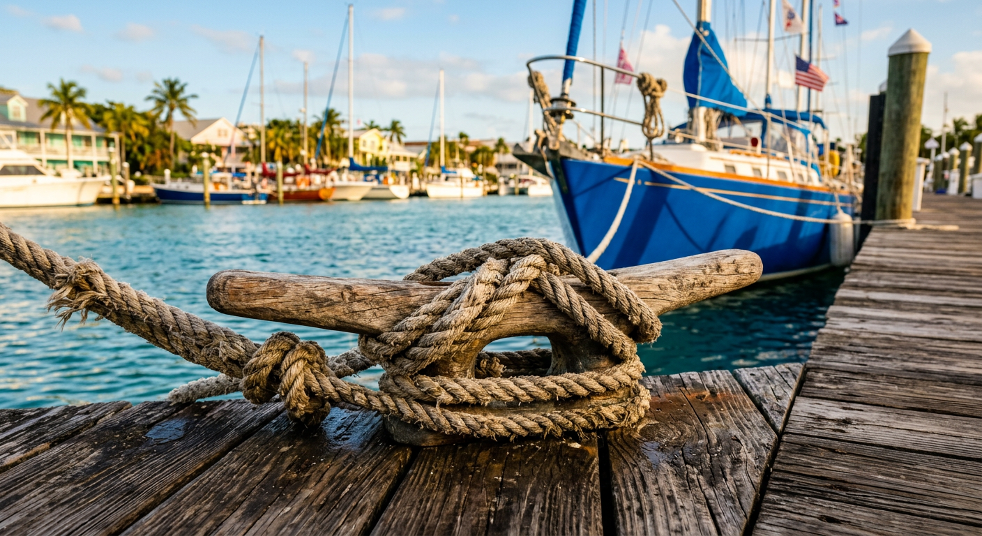 Weathered dock lines secured to an old wooden cleat at a Key West marina