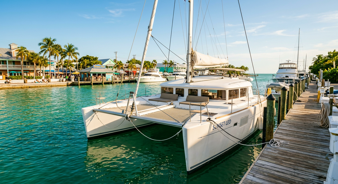 A sailing catamaran moored at a wooden dock in Key West, showing its white fiberglass hull against green water