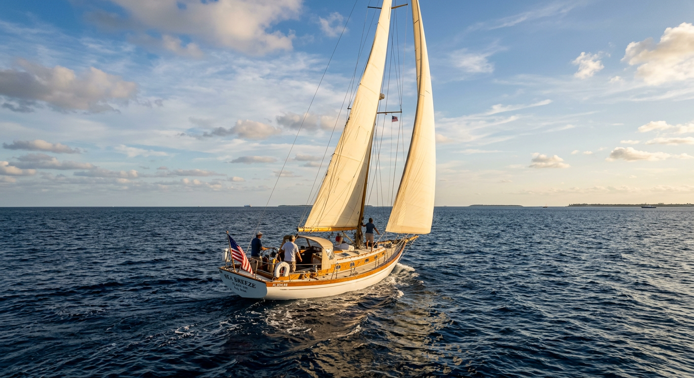 A sailboat navigating the deep navy blue waters of the Florida Straits with a distant horizon