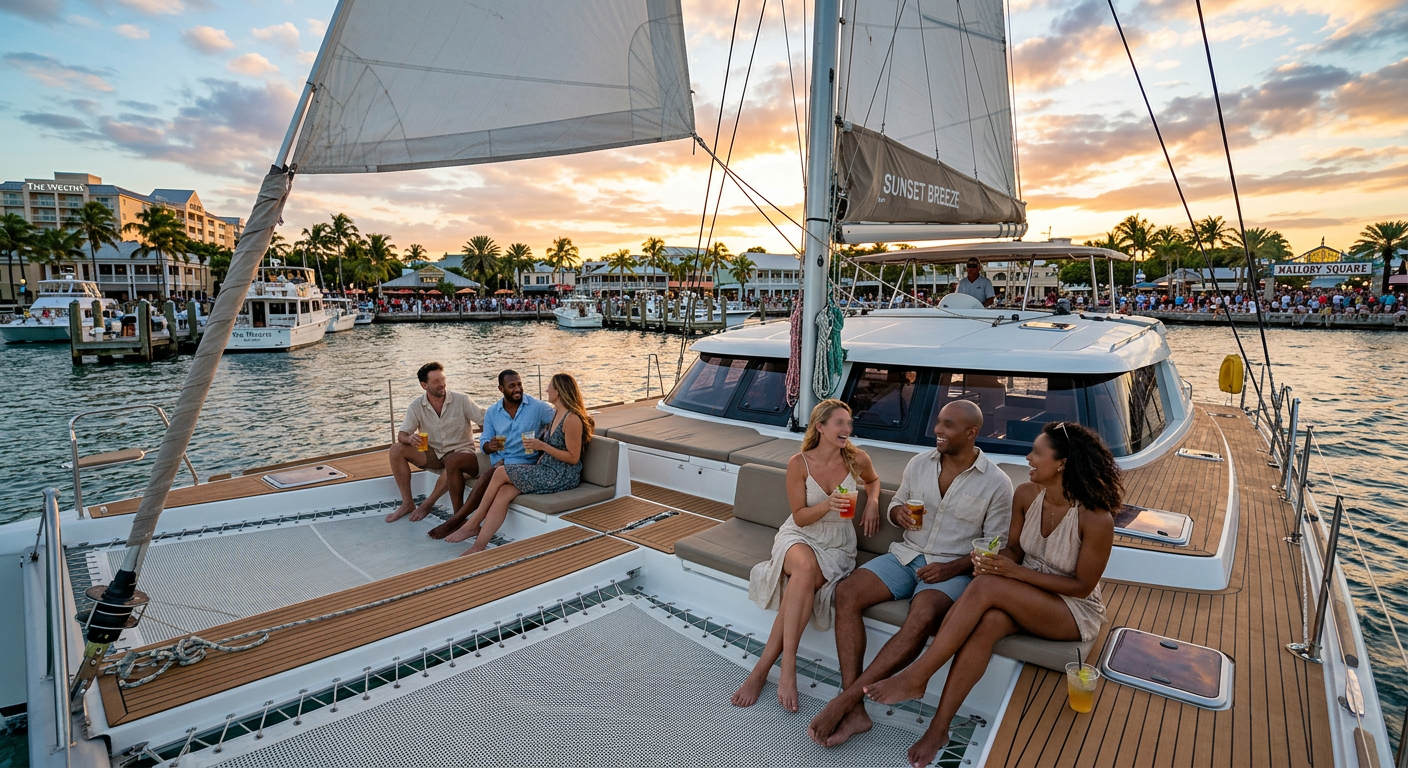 Passengers relaxing on a spacious catamaran sailing past Mallory Square at sunset in Key West with drinks in hand