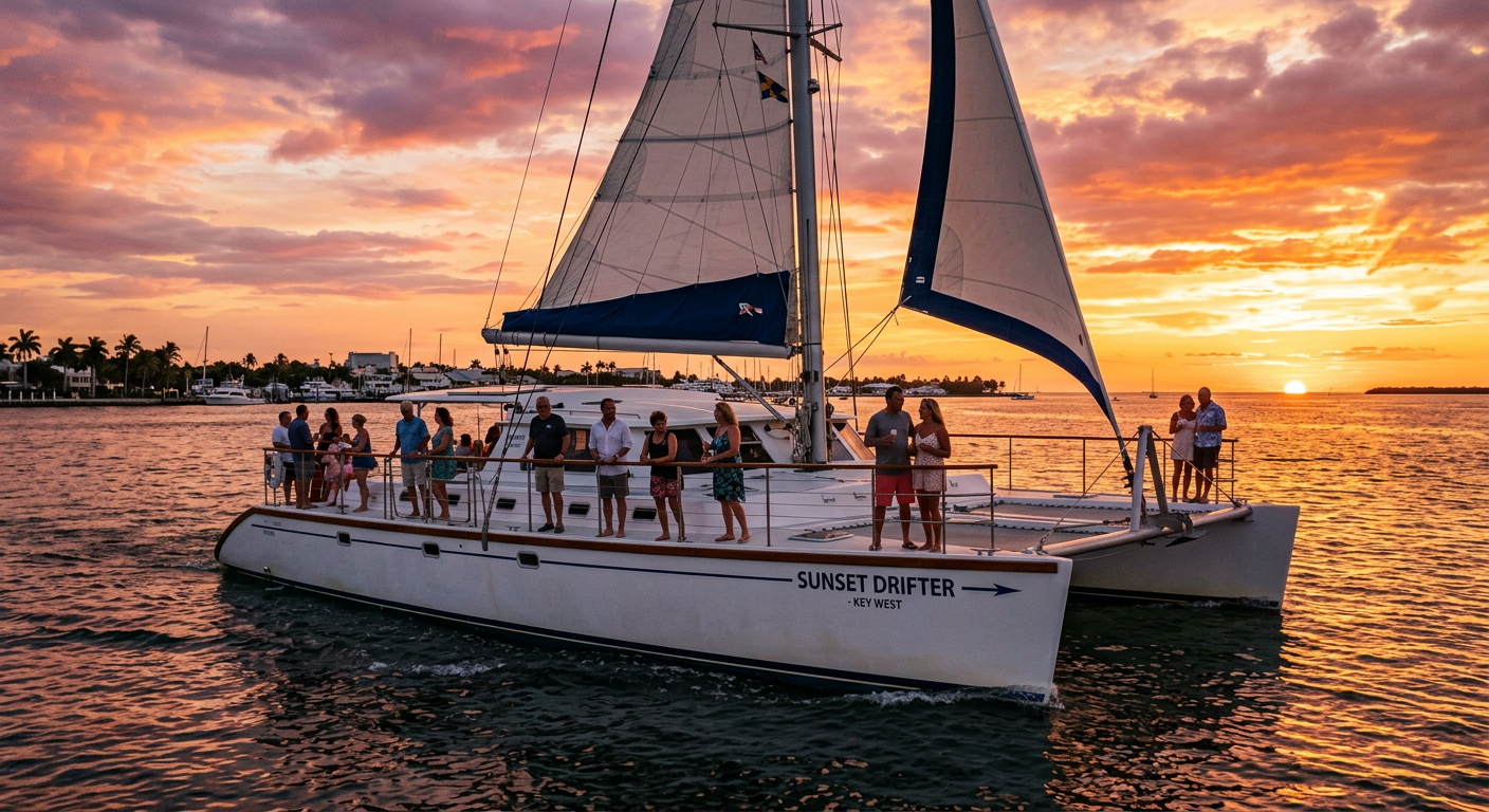 A large sailing catamaran gliding through a vibrant Key West sunset with passengers relaxing at the rails