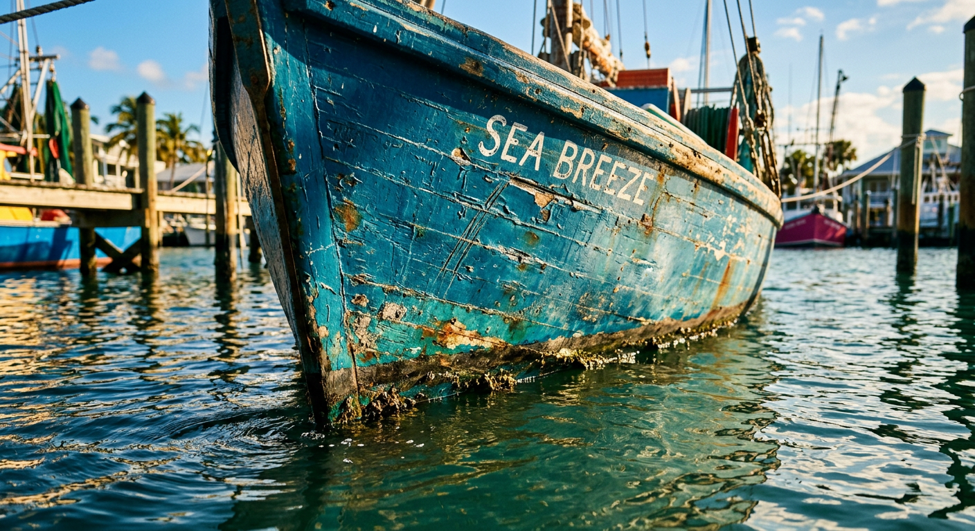 Close-up of a scratched boat hull near the water line at a Key West marina