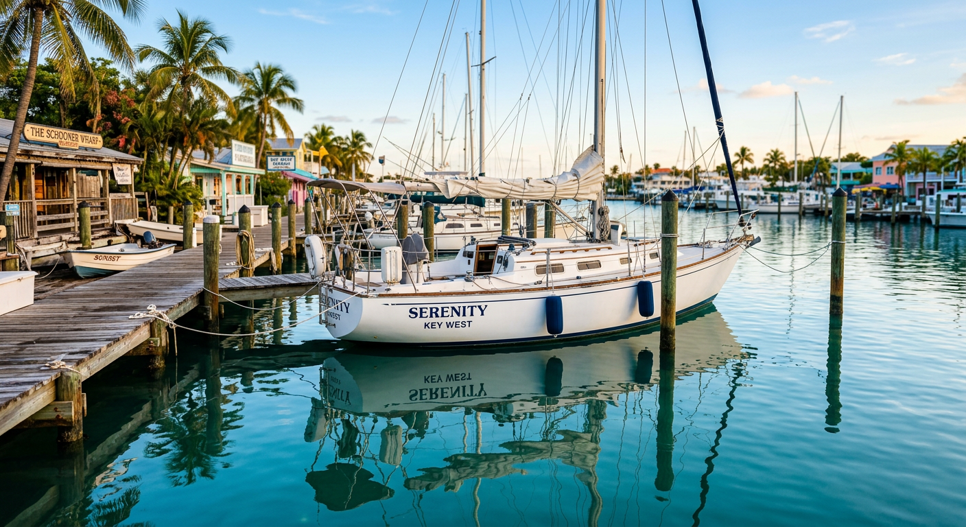 A white sailboat tied to a wooden dock at a Key West marina reflecting in the calm harbor water
