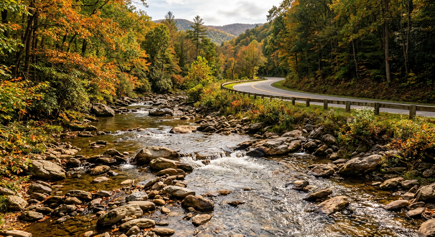 Clear, shallow mountain stream with smooth rocks flowing near Collettsville Road in North Carolina.