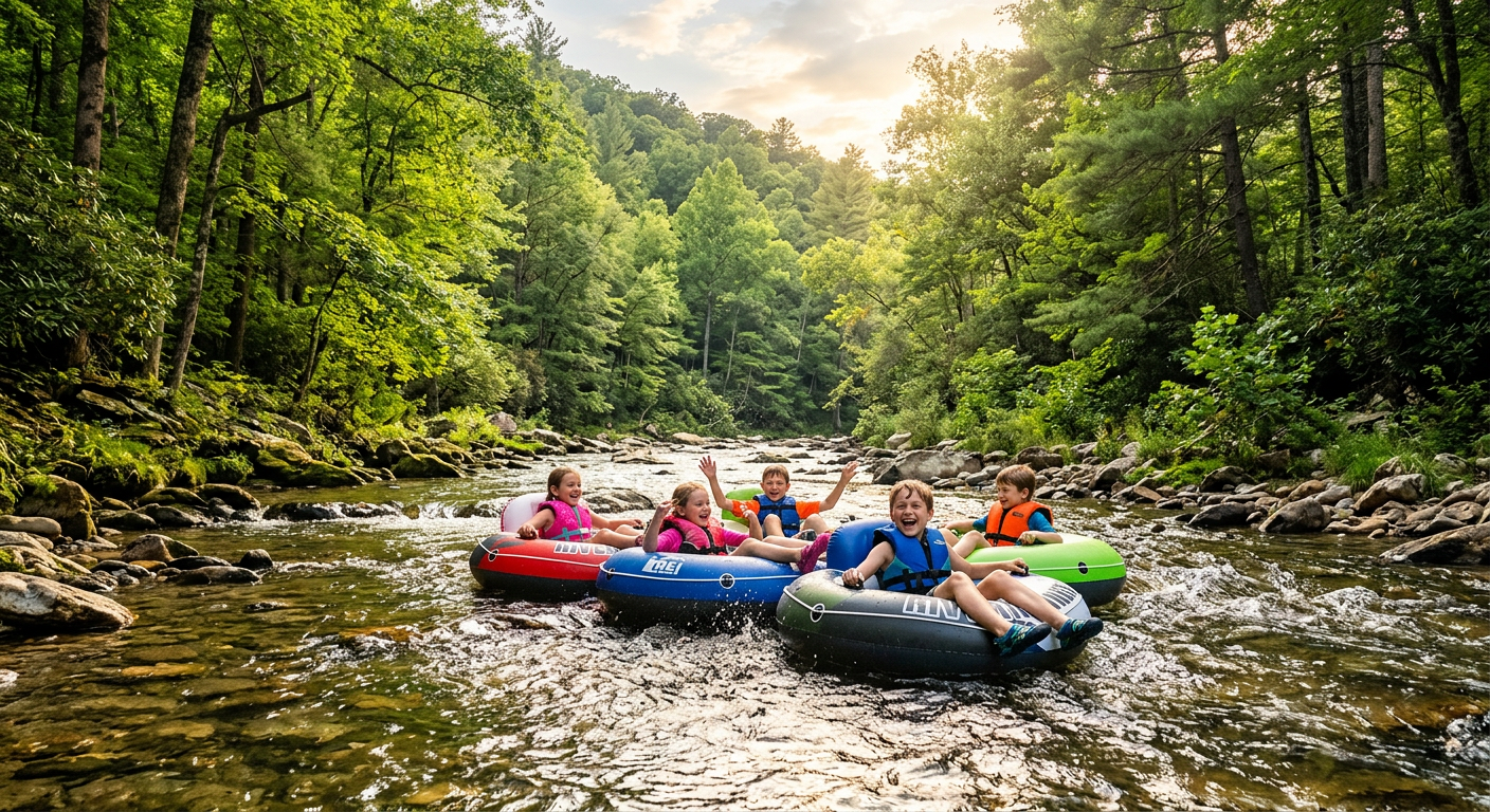 Children laughing while floating on heavy duty tubes down a clear shallow mountain river surrounded by dense green forest