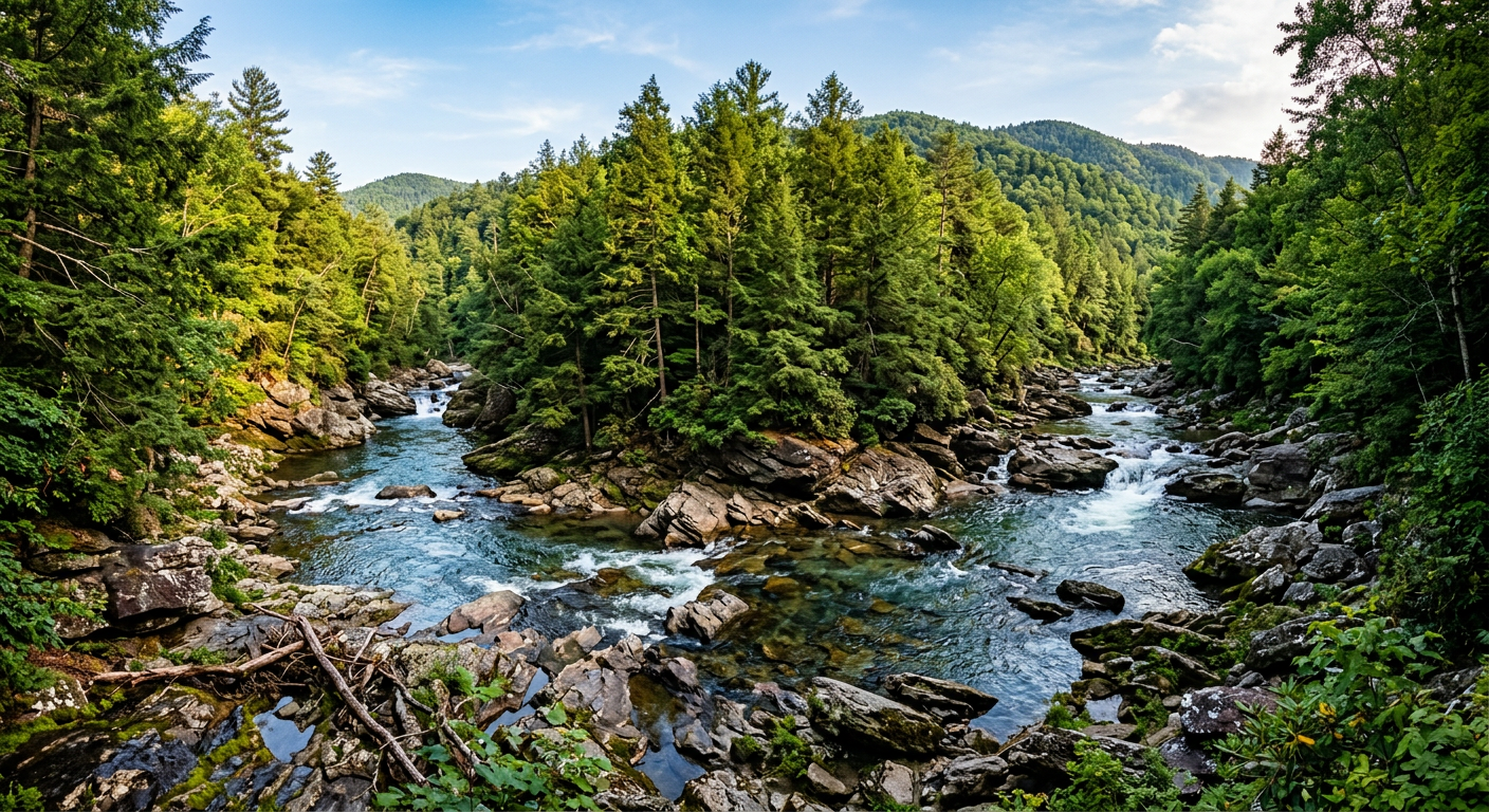 A river passing through rocky terrain with dense green hemlock trees on the banks in Caldwell County, North Carolina
