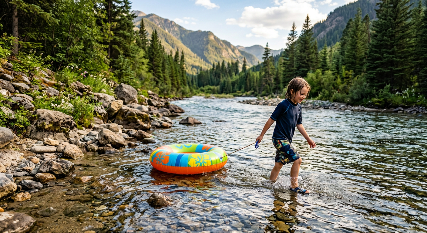 A child wading in shallow, clear mountain river water pulling a colorful river tube near a rocky bank