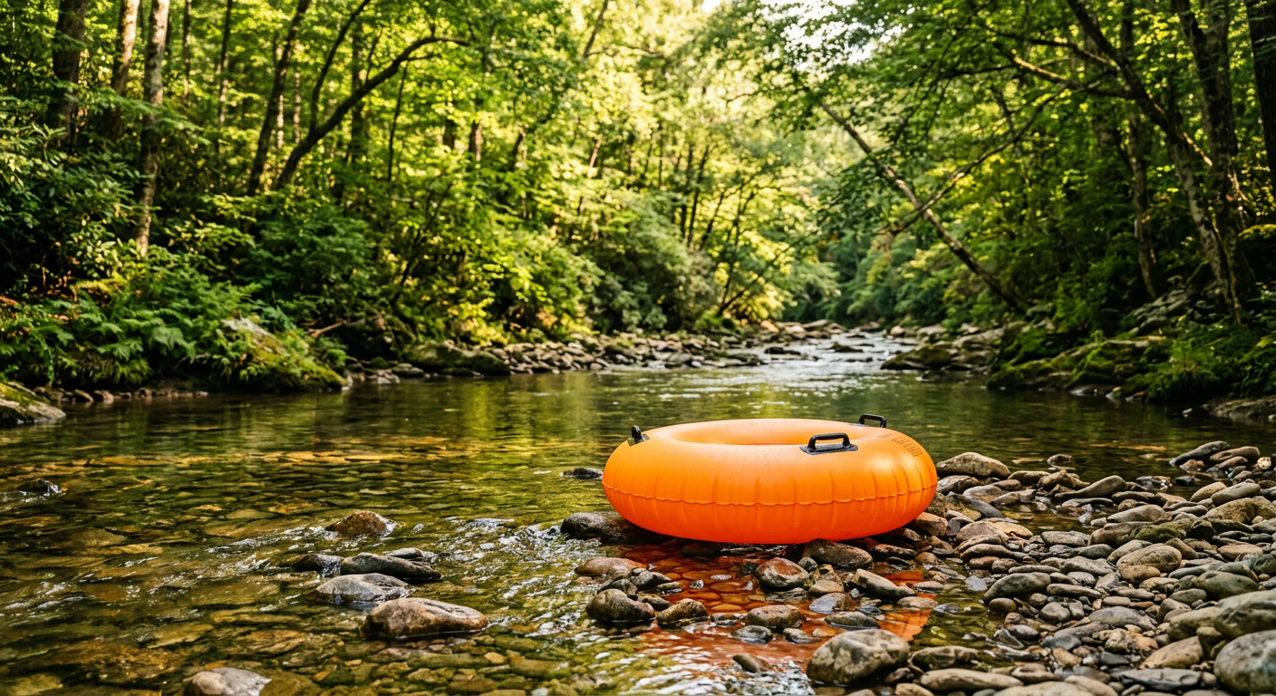 Bright floating tube resting on shallow river stones under green trees in North Carolina