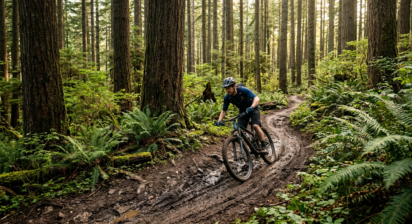 Mountain biker riding through muddy trails lined with tall Douglas fir trees and thick green ferns in a Seattle forest