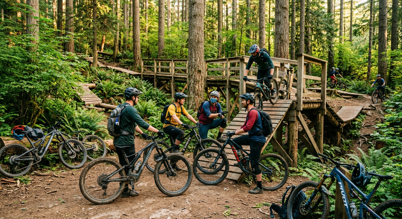 Mountain bikers gathering around the wooden freeride structures in the dense forest of Duthie Hill Park
