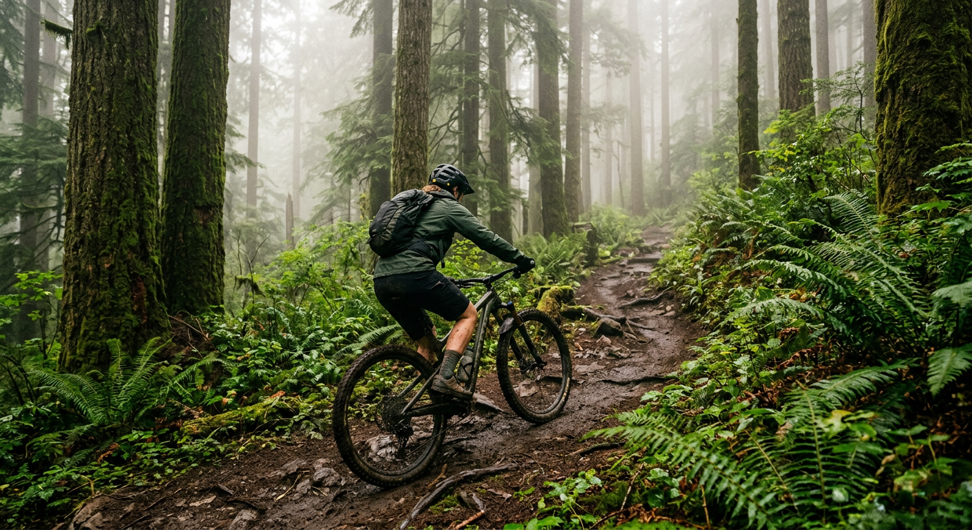 Mountain biker climbing a damp evergreen trail surrounded by heavy Pacific Northwest fog