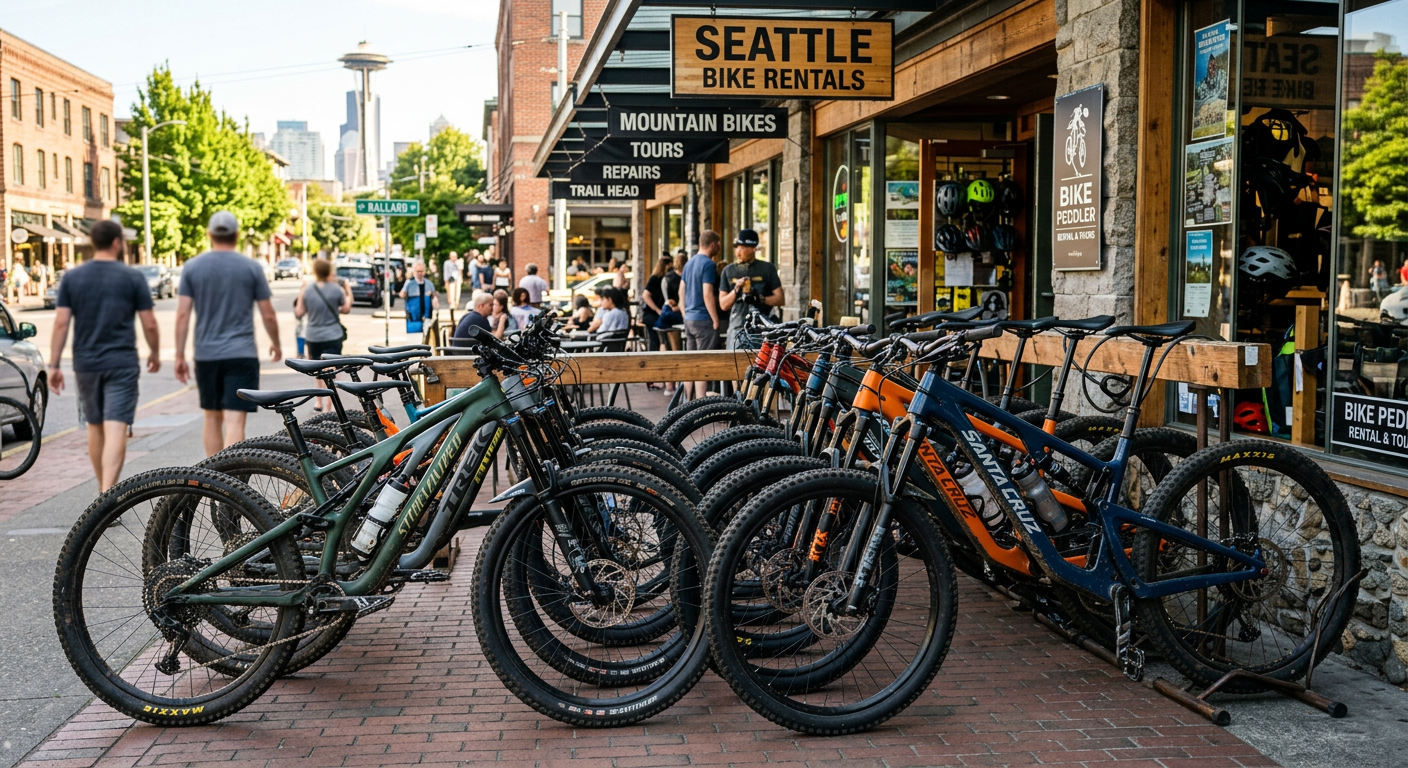A row of modern, heavy-duty mountain bikes parked tightly together outside a bustling Seattle rental shop
