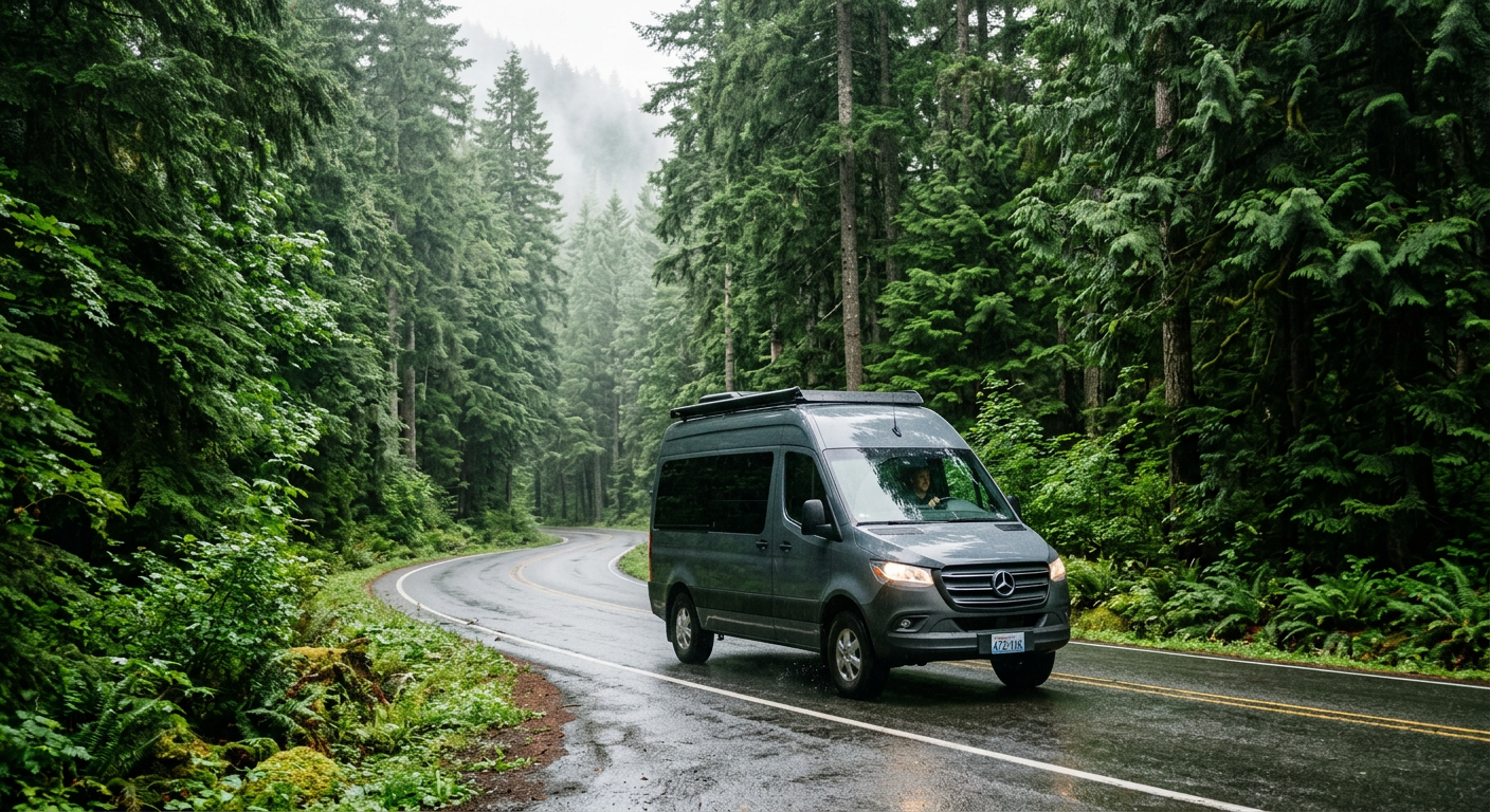 A comfortable passenger sliding van navigating wet pavement surrounded by dense, towering green pine trees near Seattle