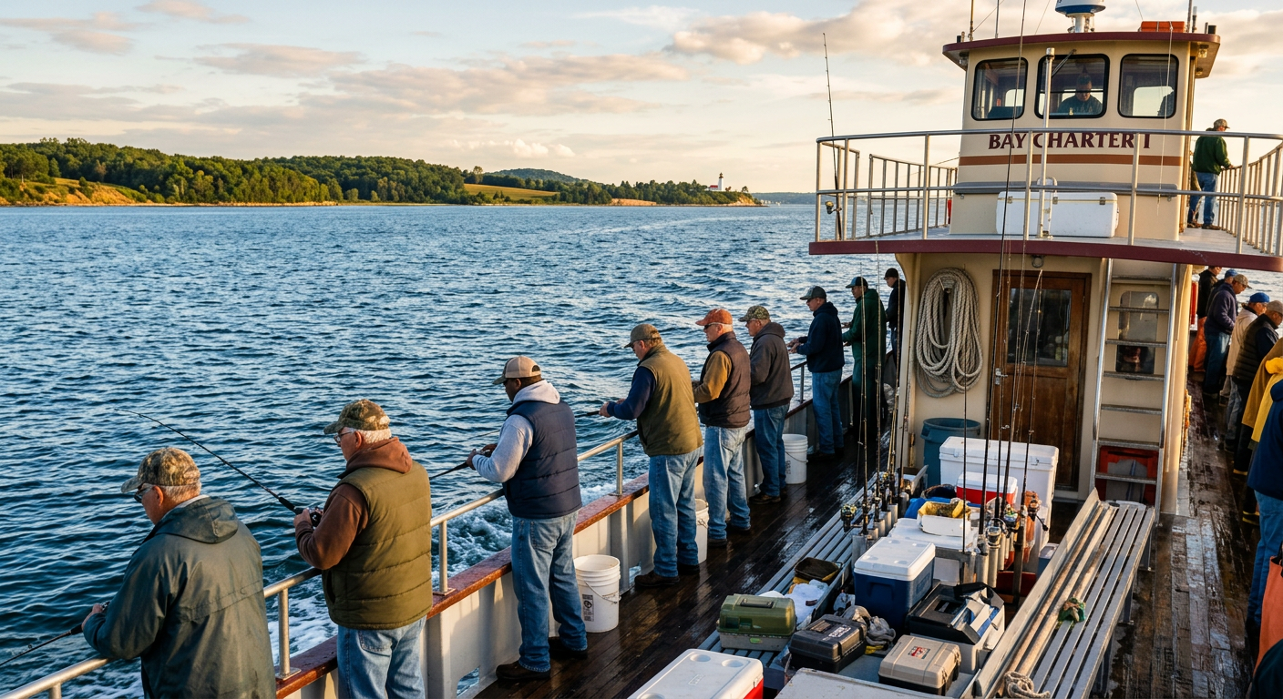 Fishermen lining the rail of a large party boat in the bay waters of Maryland