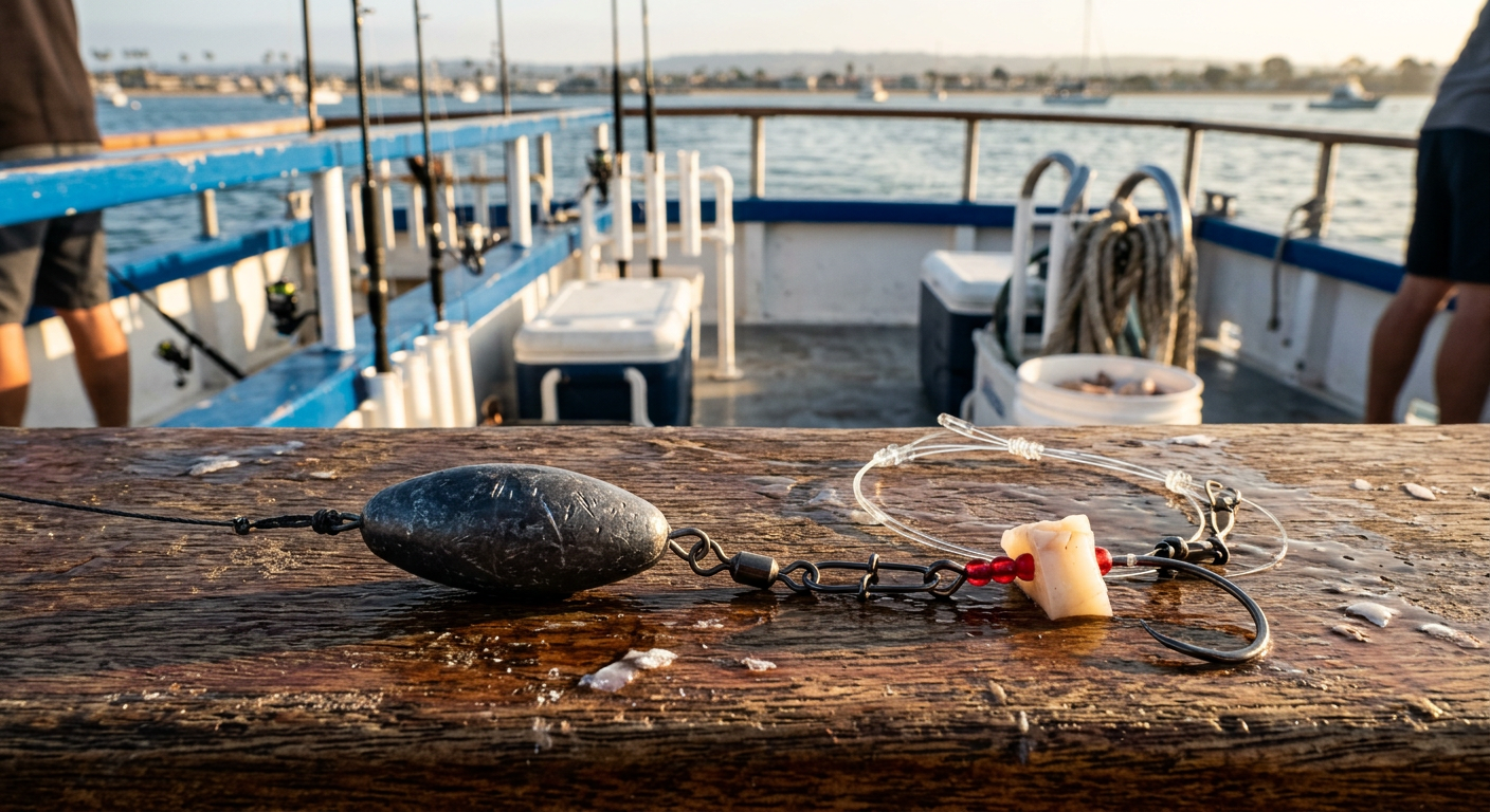 A heavy sinker and baited hook resting on the deck of a head boat bay fishing trip
