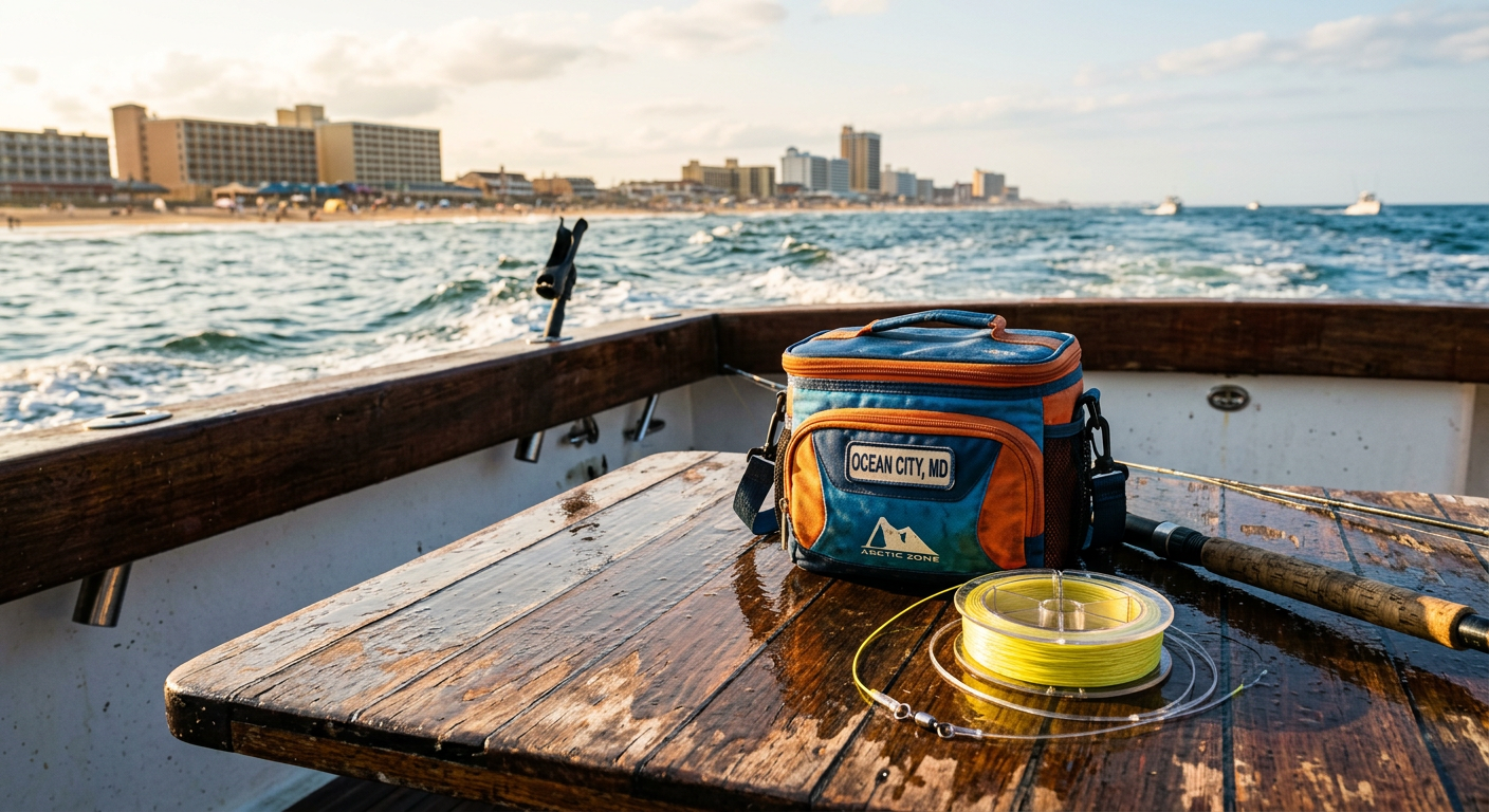 A small soft cooler next to a coiled fishing line on a wet boat deck in Ocean City