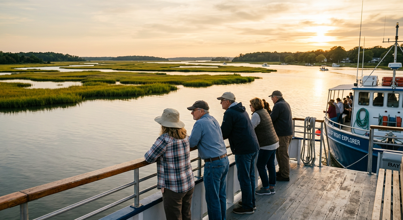 Passengers leaning over the rail of a charter boat watching the calm marshlands of Isle of Wight Bay