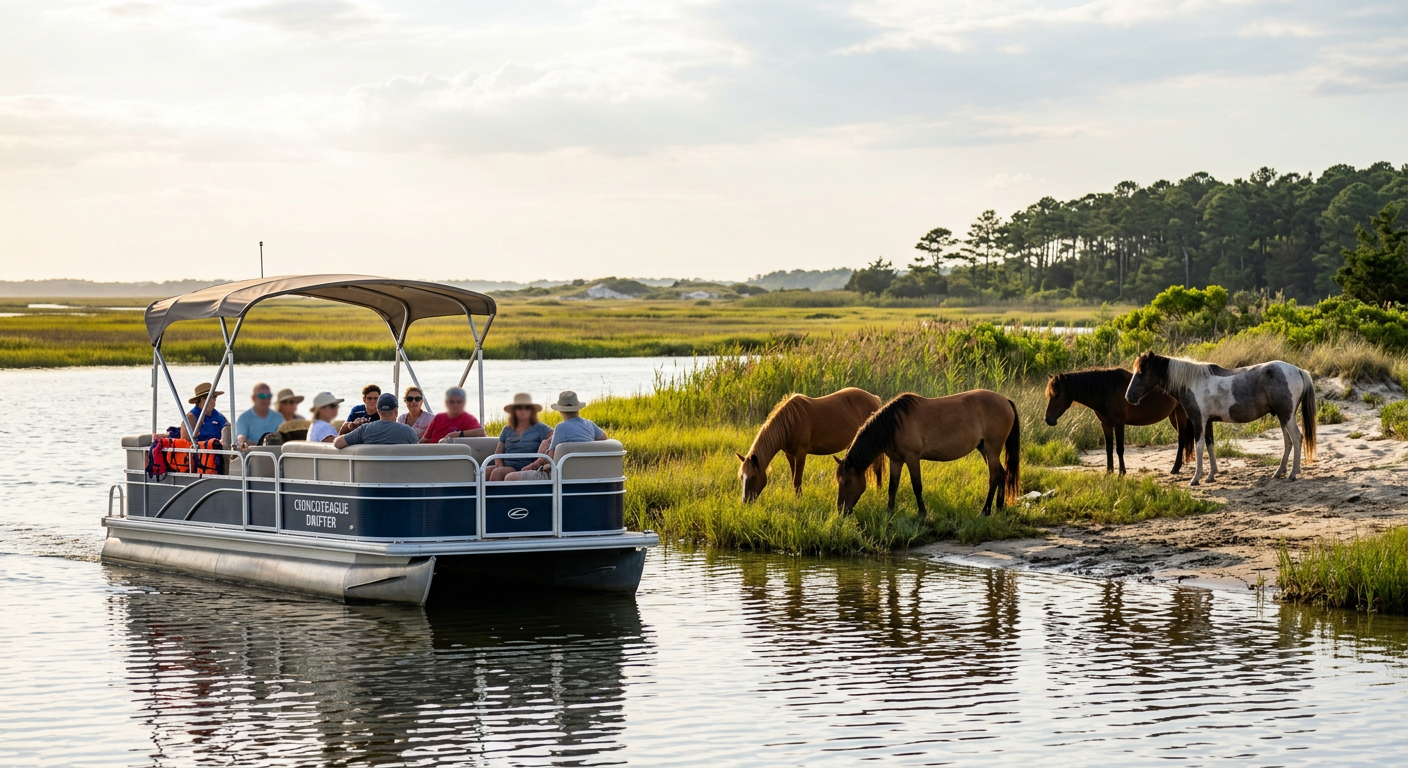 A pontoon boat drifting past wild horses on the edge of Assateague Island in Maryland