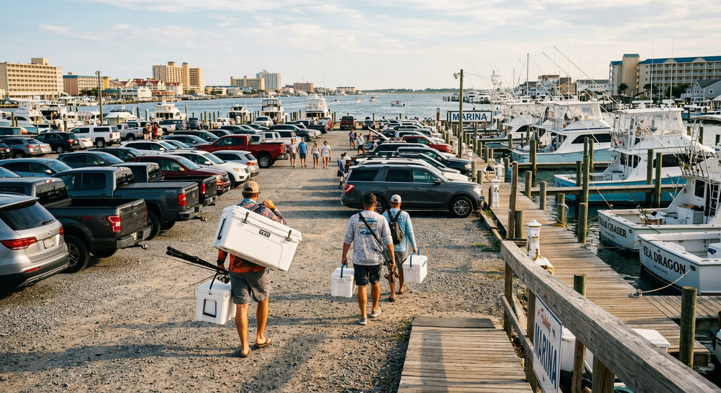Anglers carrying white coolers across a crowded gravel marina parking lot in Ocean City Maryland toward wooden docks