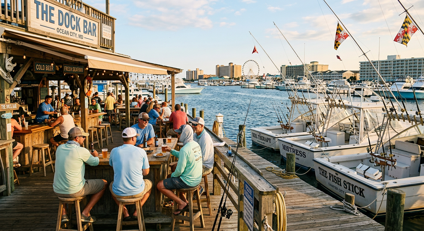 Anglers relaxing at an outdoor dock bar in Ocean City, Maryland next to charter boats