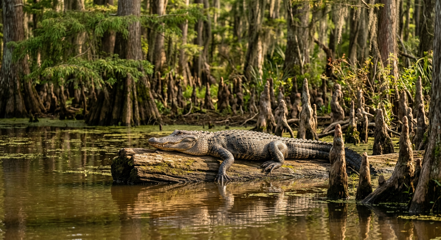 An American alligator sunning itself on a floating log in Maurepas Swamp with cypress knees in the background