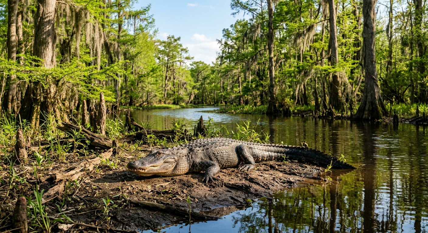 An American alligator resting on a sunlit mudbank in Maurepas Swamp during early spring