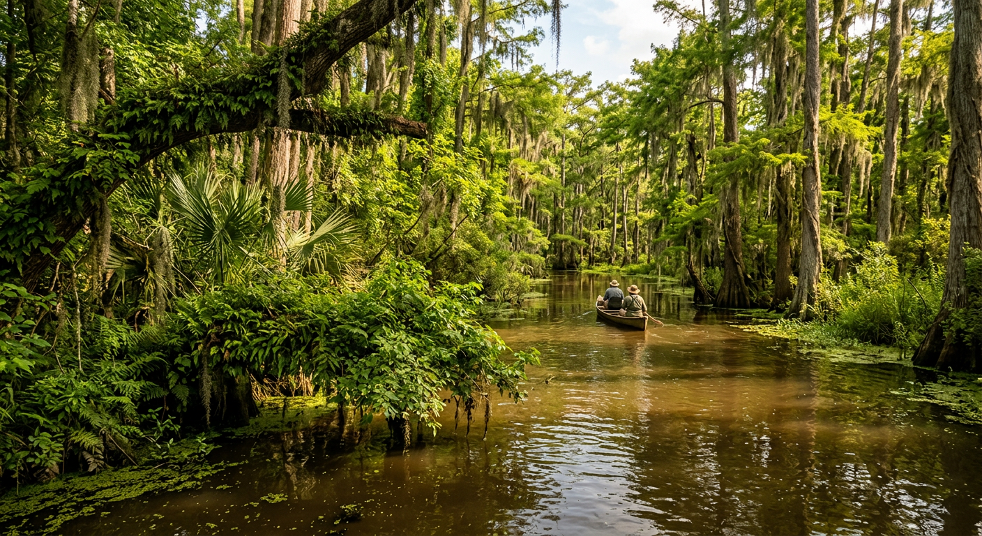 Lush green summer vegetation overhanging a murky Maurepas swamp channel