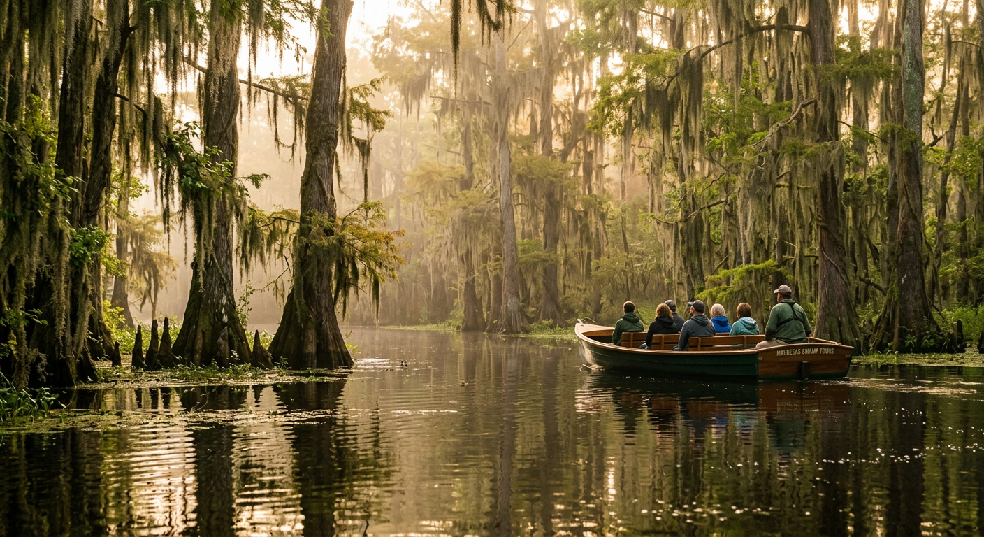 Tour boat floating quietly past moss draped cypress trees in the morning mist at Maurepas Swamp