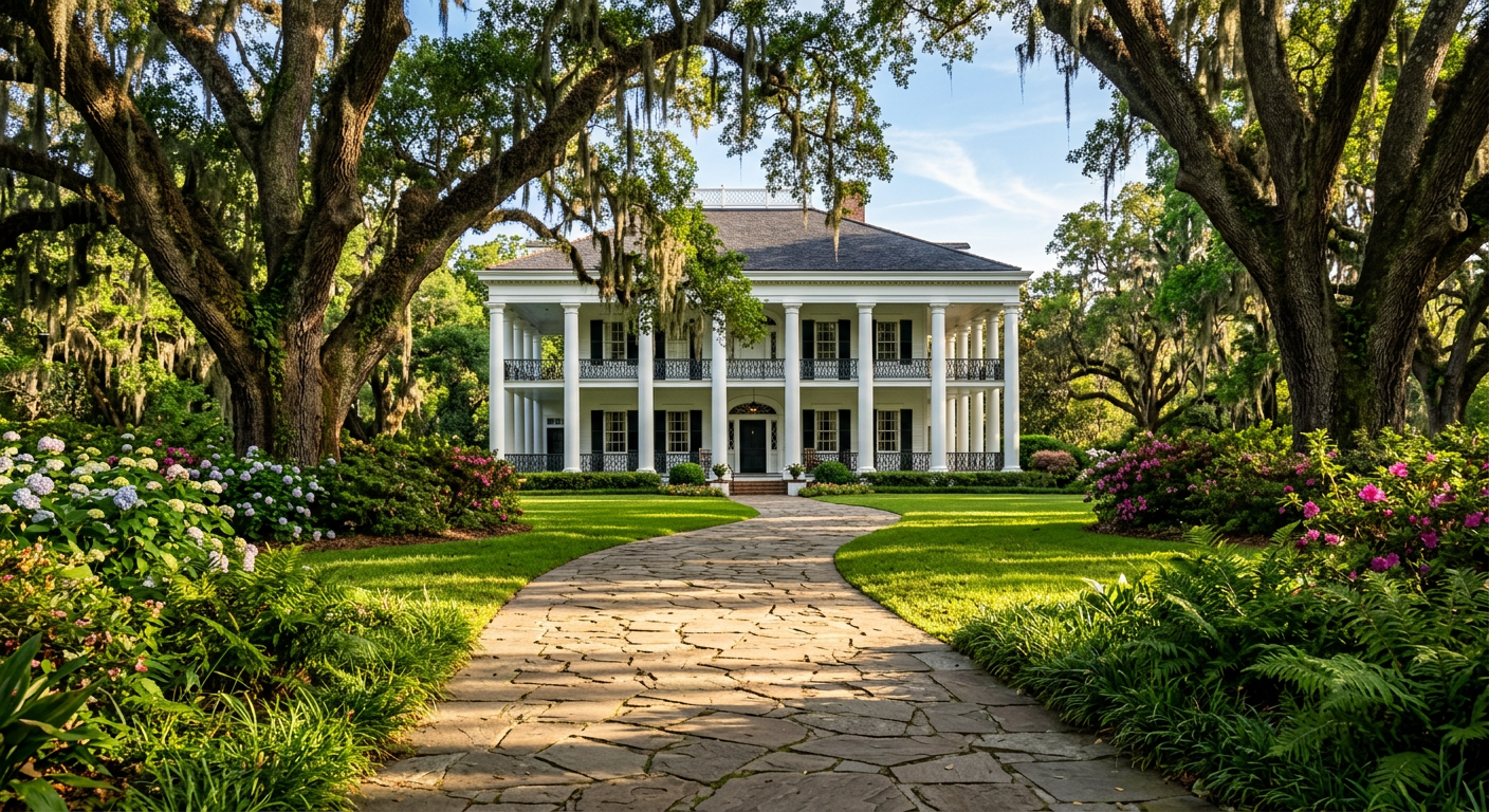 A paved walkway leading toward a historic white-columned plantation home shaded by massive oak trees