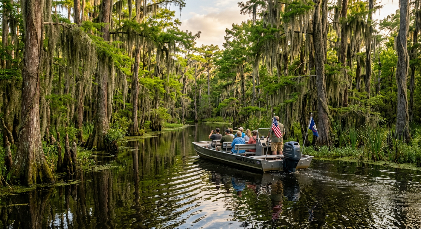 A flat-bottom swamp boat navigating through a narrow channel lined with moss-draped cypress trees in Louisiana