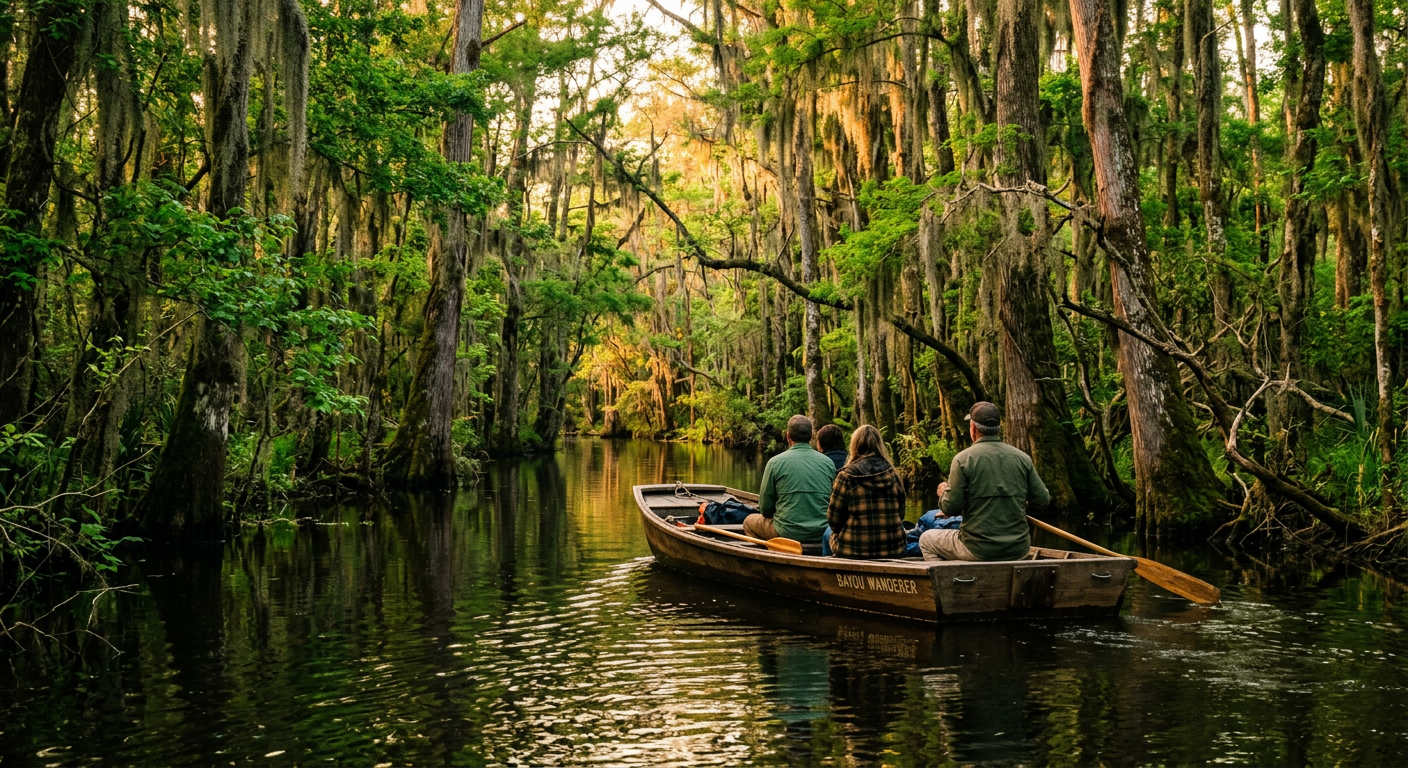 A flat-bottom boat navigating narrow swamp channels surrounded by thick tree canopy and dark water