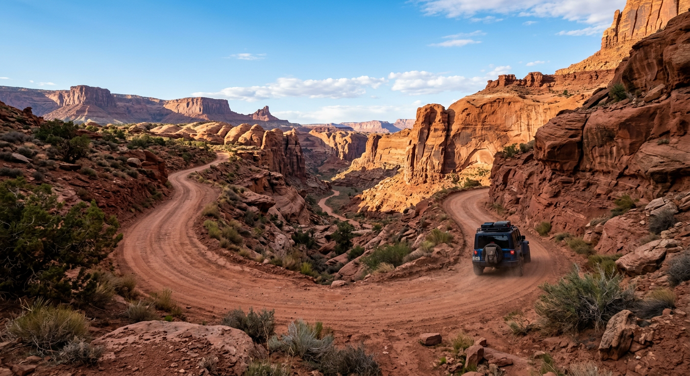 A dusty off-road trail cutting through red sandstone canyons near Page, Arizona