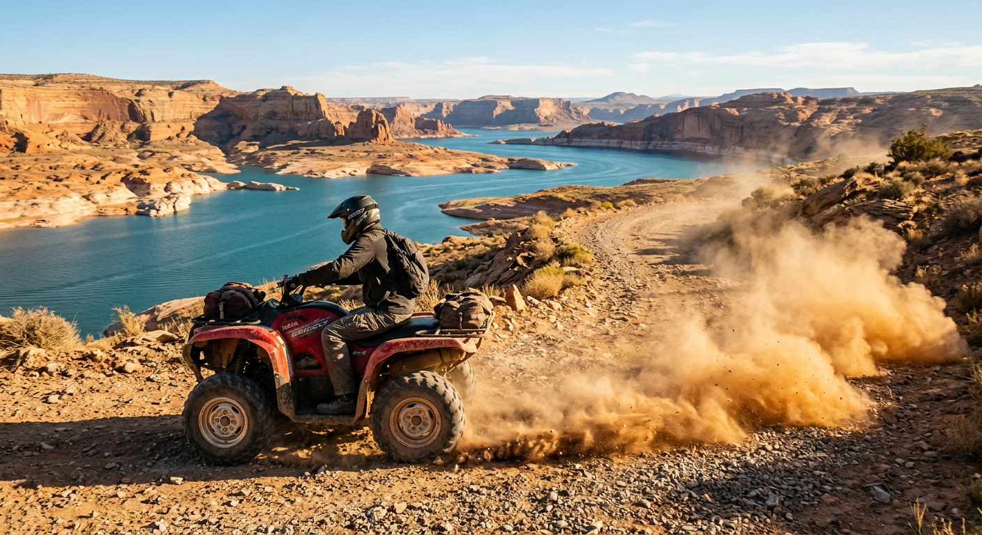 Dust kicking up behind a weathered ATV on a rugged desert trail near Lake Powell