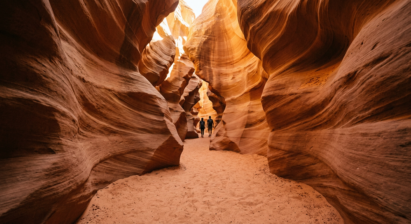 A quiet, narrow slot canyon in Page with smooth sandstone walls and a sandy floor