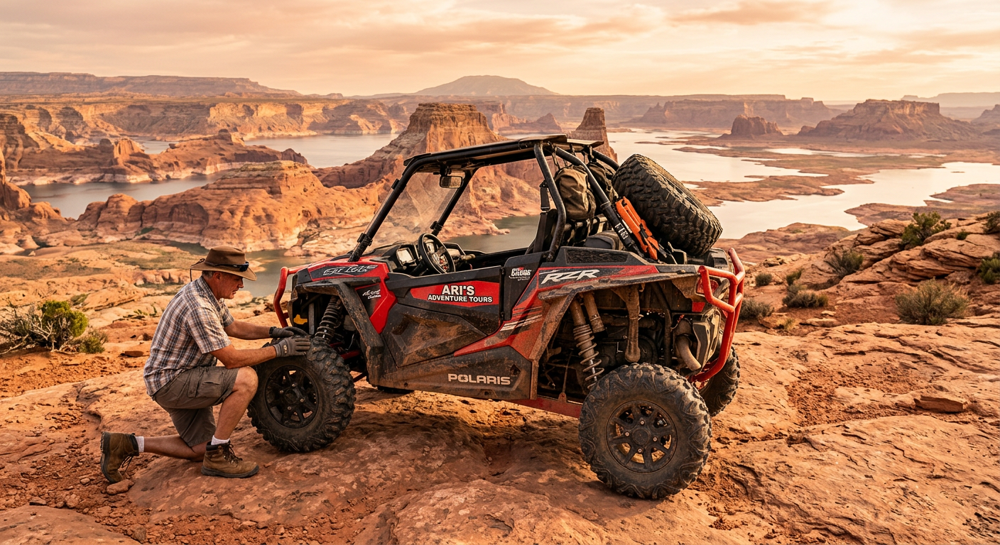 A rugged UTV parked on red sandstone in Page, Arizona, with a guide inspecting the tires