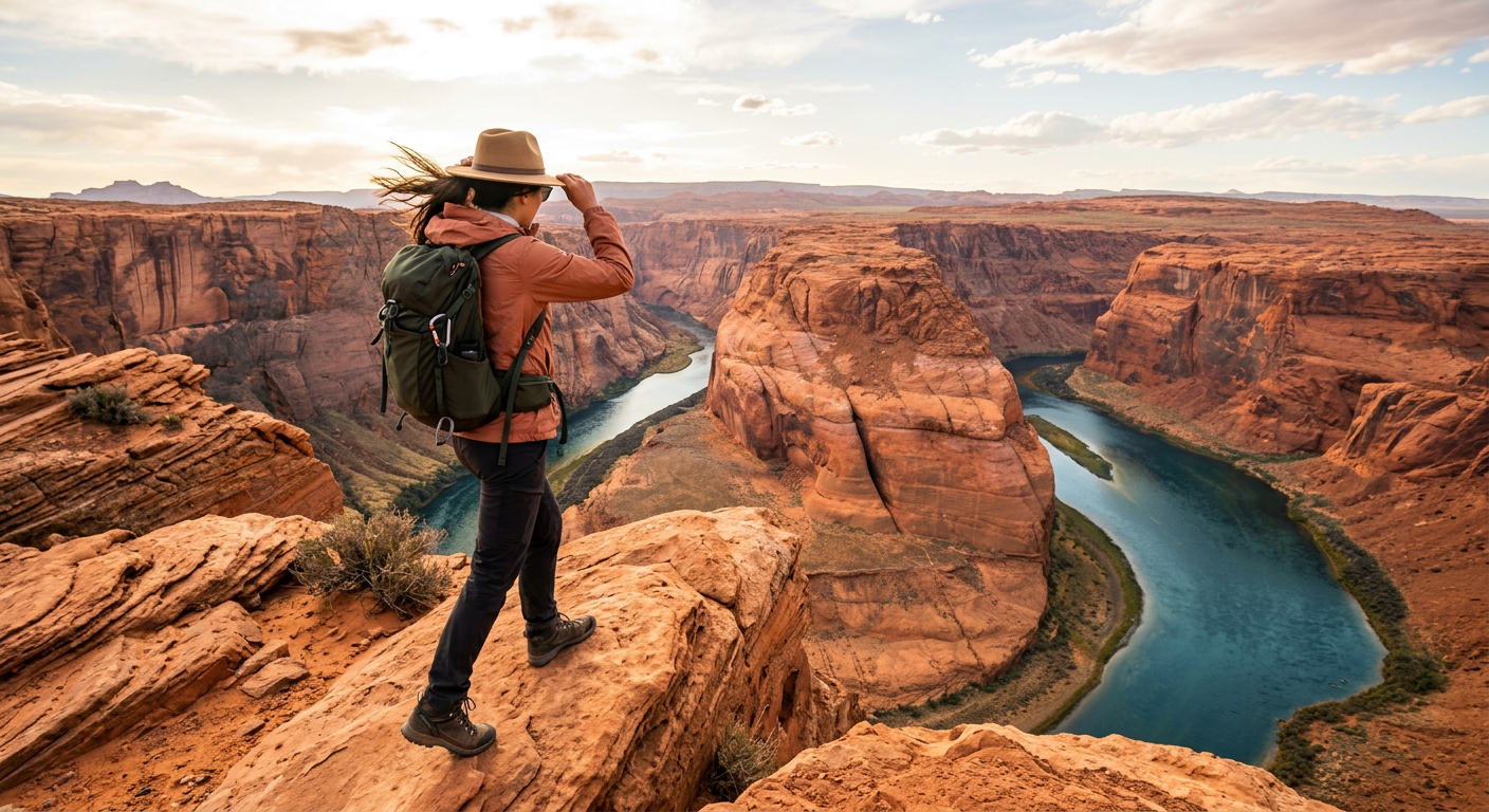 A hiker holding onto their hat while standing on a windy red rock mesa near Page, Arizona