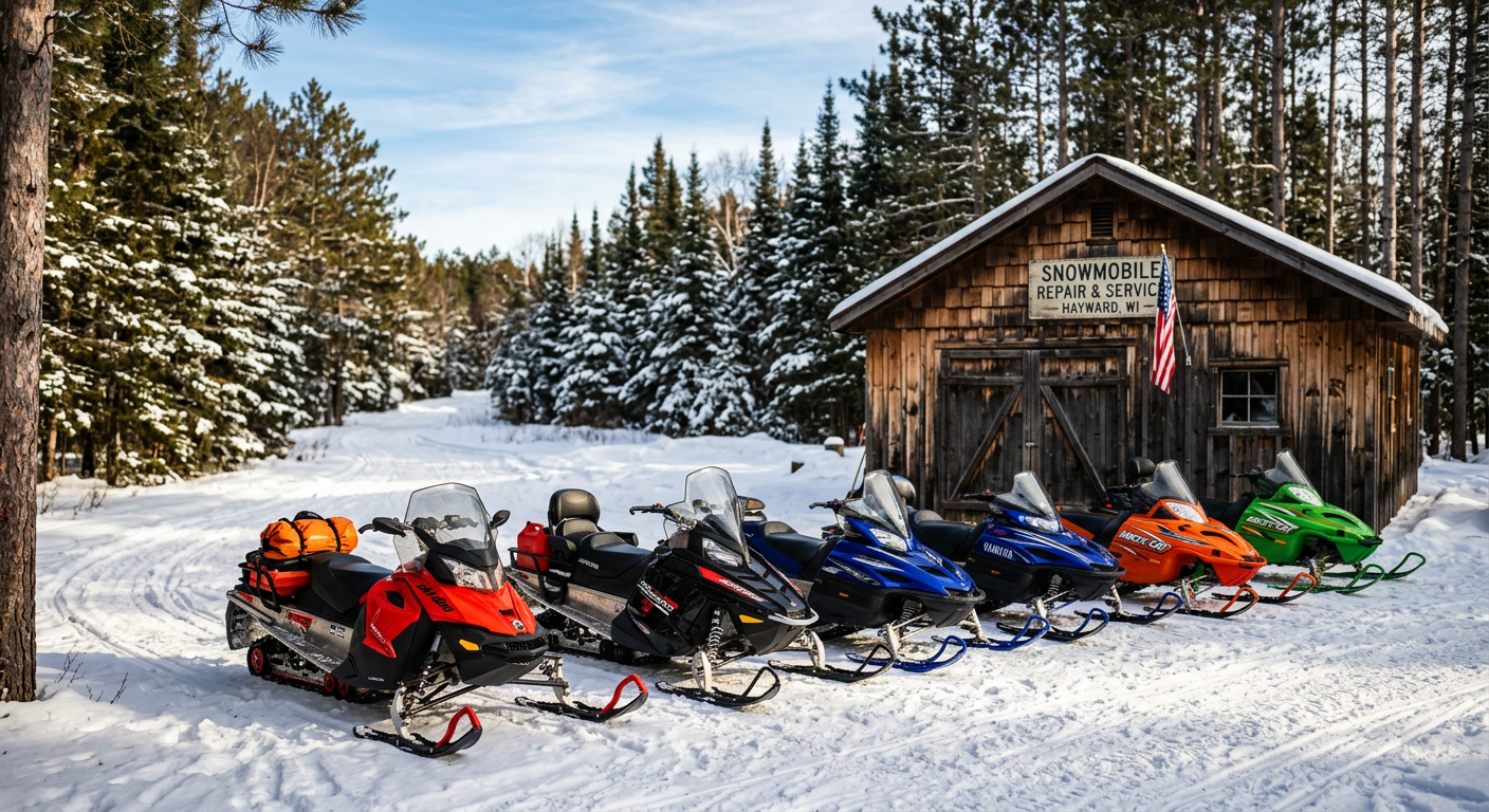 A row of parked Kawasaki Teryx side-by-sides sitting outside a wooden maintenance shed in Hayward Wisconsin