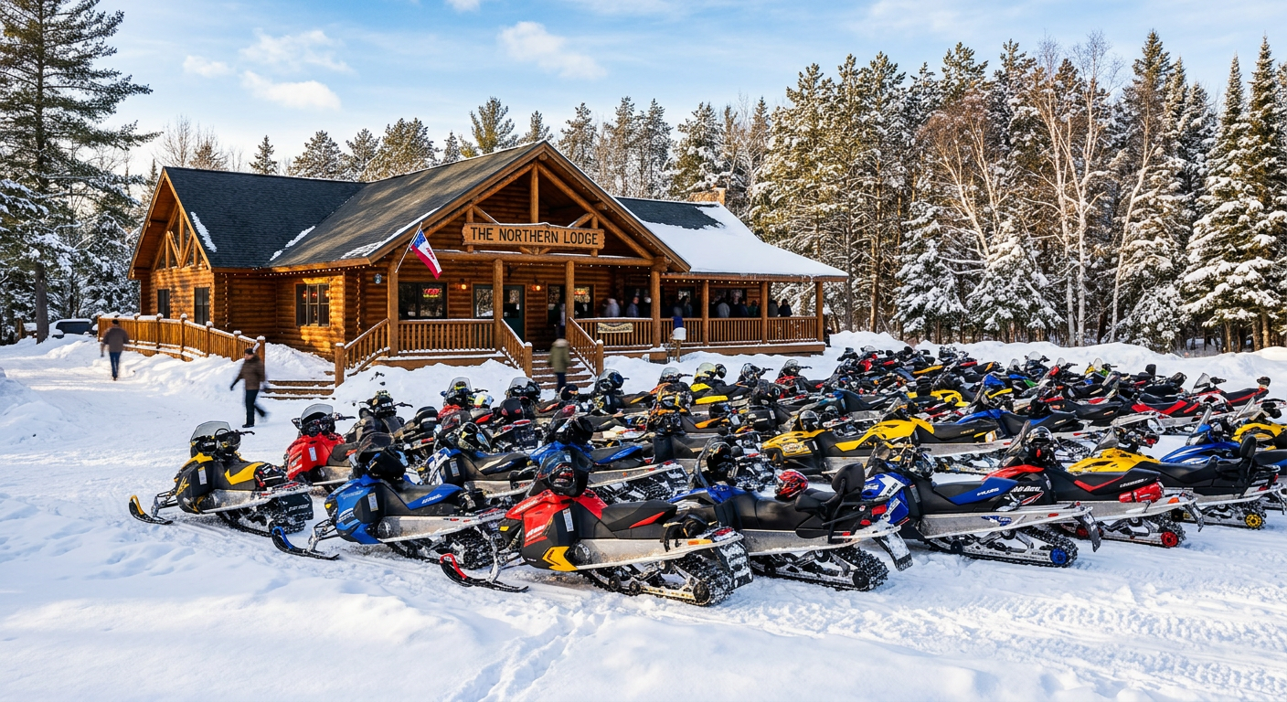 Dozens of UTVs parked in the dirt outside a rustic wooden tavern in Hayward