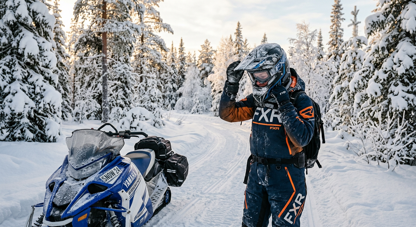 UTV driver adjusting a dusty helmet and goggles beside a trail in a pine forest