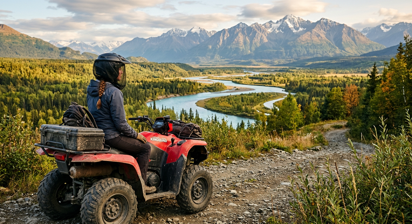 A rider on an ATV looking out over the winding Nenana River in Alaska, wearing a mesh bug net pulled down over their collar