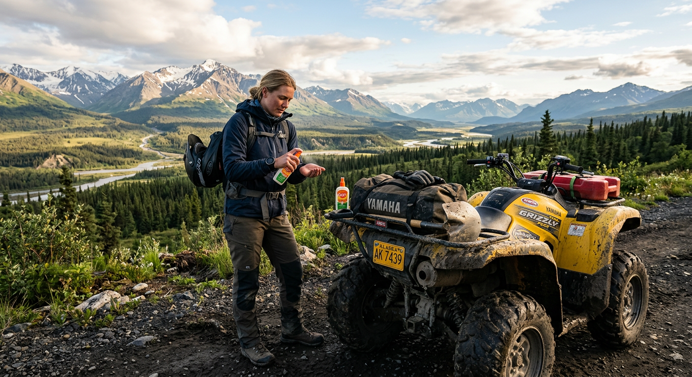 An ATV rider applying a small amount of bug spray into their hands next to a muddy four-wheeler in the Alaskan wilderness