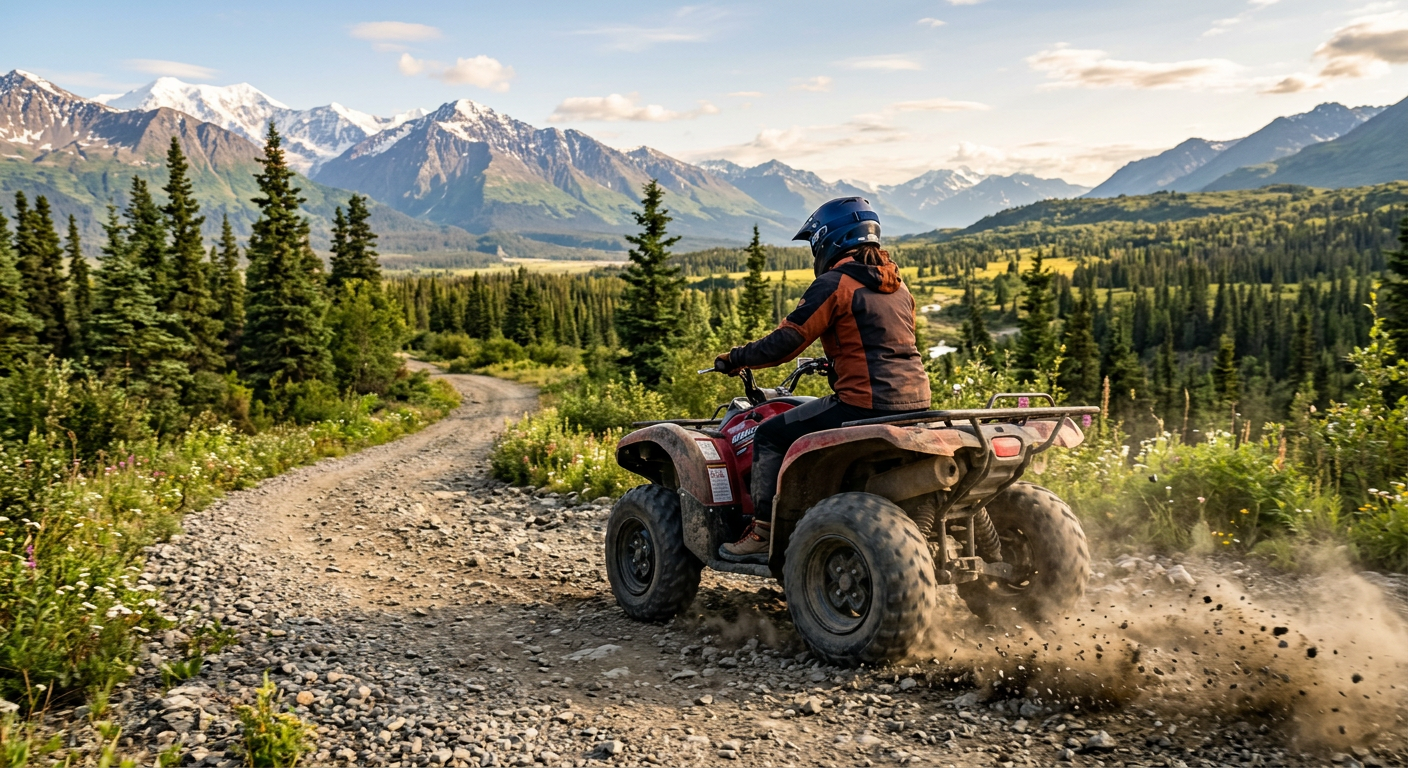 A rider on an ATV driving down an Alaska wilderness trail with loose gravel kicking up from the back tires