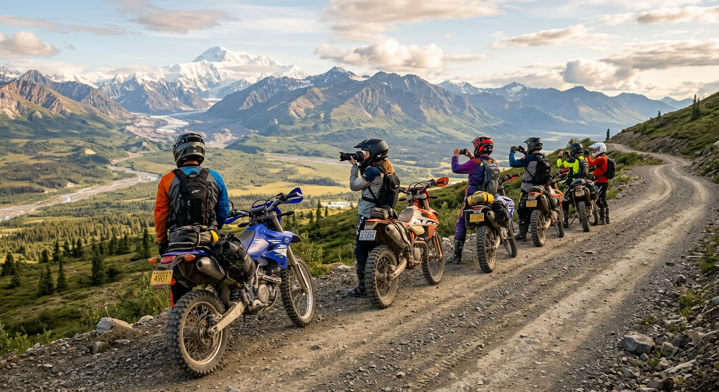 A line of riders parked on dirt trails taking photos of the Alaskan wilderness near Denali