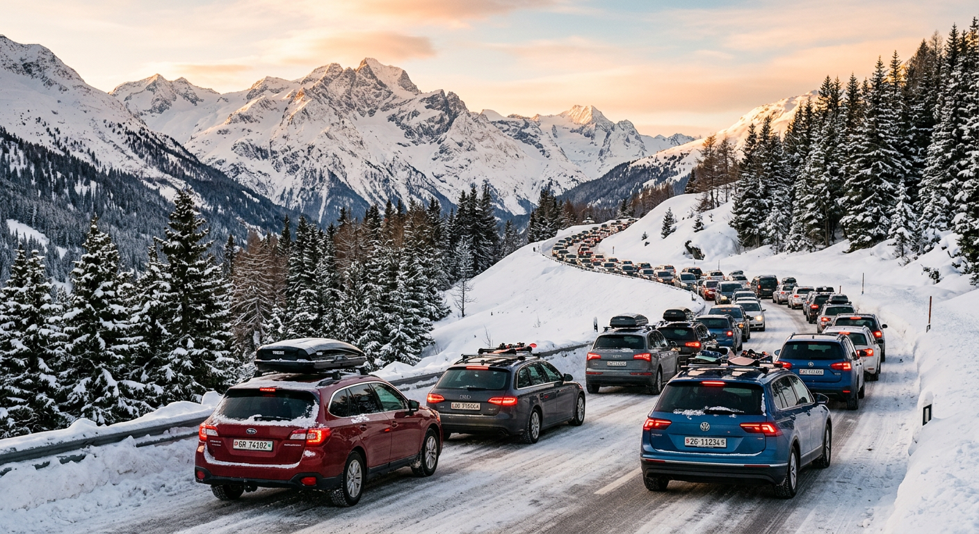 A long line of cars with ski racks stopped in snowy traffic on a mountain highway
