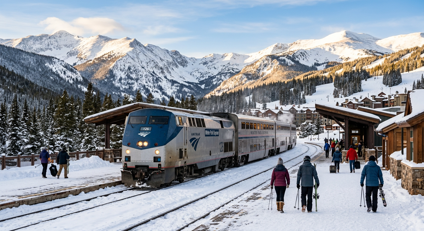 The Winter Park Express train stopped at a snowy mountain platform