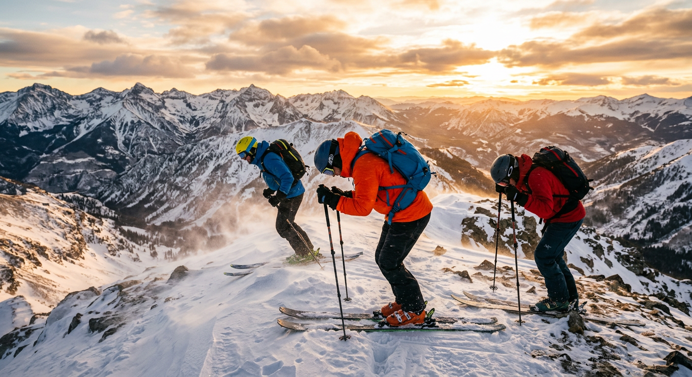 Skiers leaning against heavy wind at the top of a snowy mountain peak in Colorado