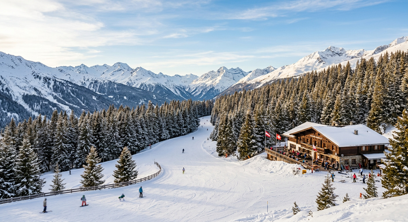 A wide view of a gentle ski slope lined with pine trees near a mountain lodge