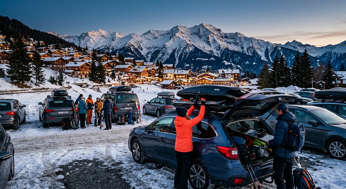 Skiers loading gear into cars at twilight in a snowy mountain town parking lot