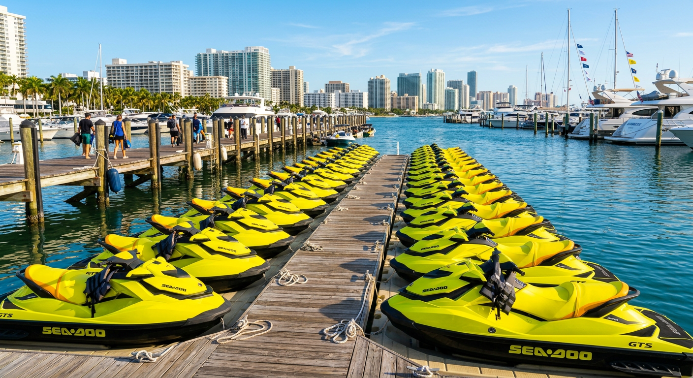 Rows of yellow jet skis securely tied to a crowded wooden dock in a Miami Beach marina under bright morning sunlight